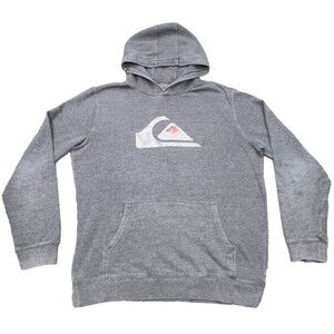 Quiksilver Hoodie Mens XL Gray Pullover Sweatshirt Big Logo Surf Skate Distresse
